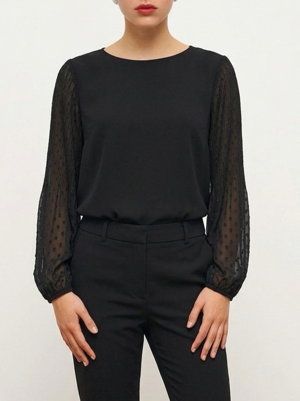 Adrianna Papell Black Blouse with Sheer Sleeves | Formal | Large | Staple Blouse